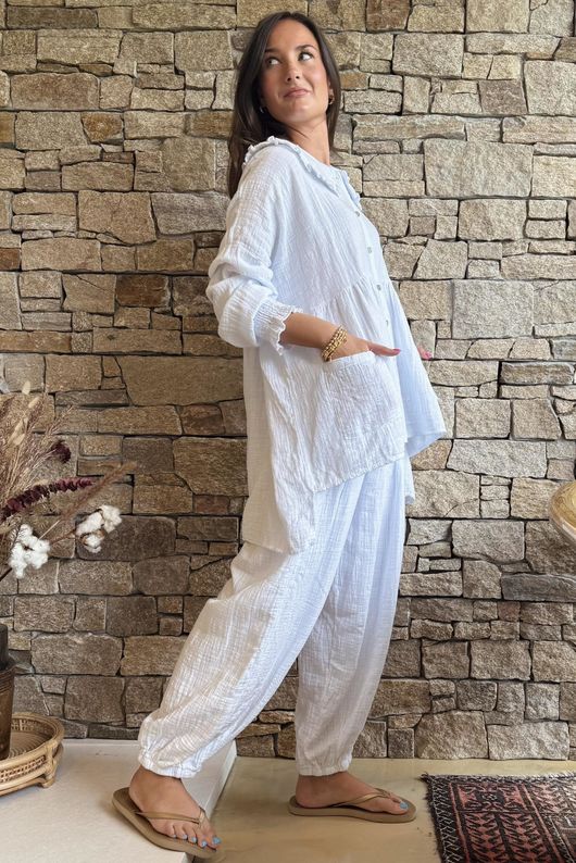Annie Cushion Cotton Peter Pan Smock Blouse White